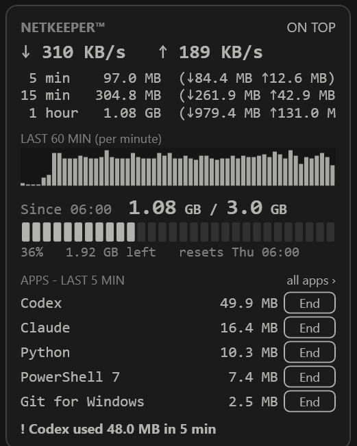 The NETKEEPER desktop widget in colour: live speed, 1.08 GB of 3.0 GB used since 06:00, top apps and a warning for one app